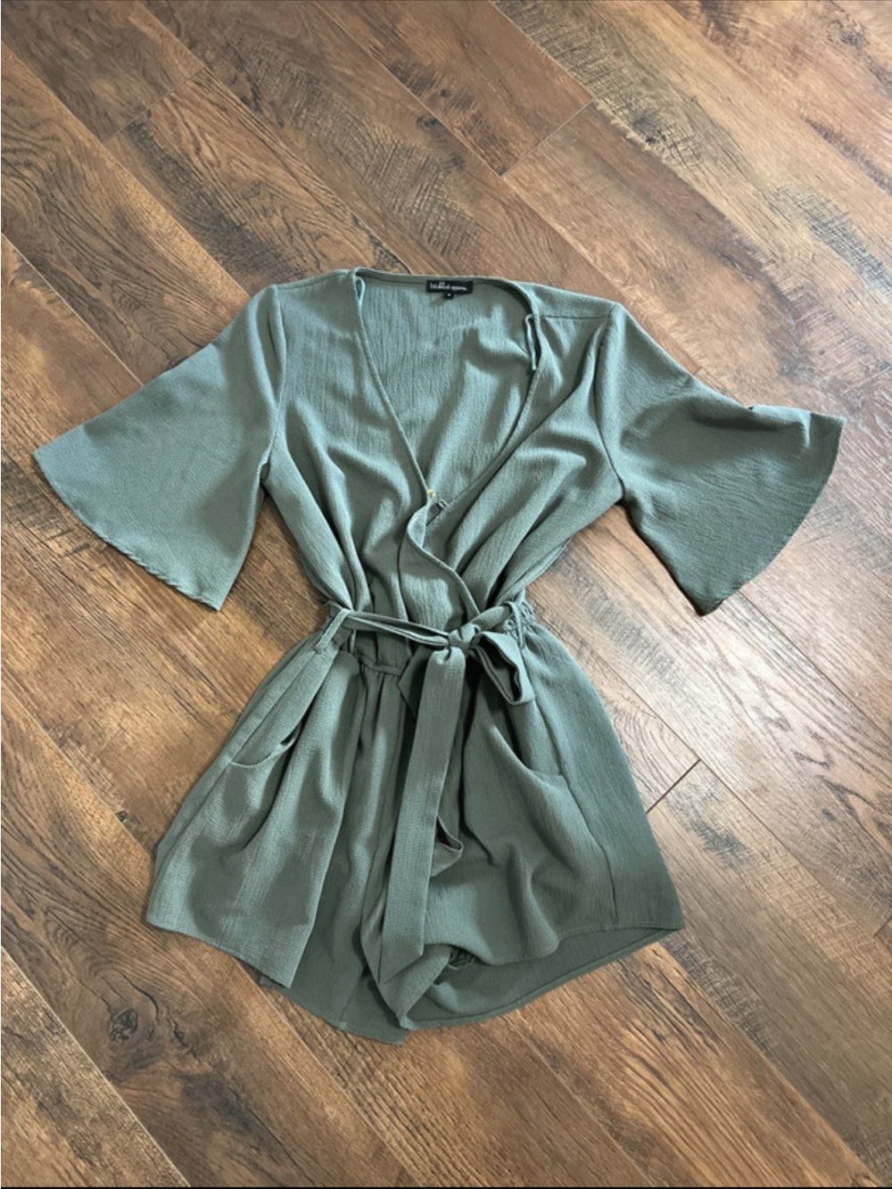 Wrap Front Olive Green Romper with Tie Waist